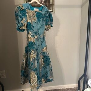 Midi Gold and blue puff sleeve dress